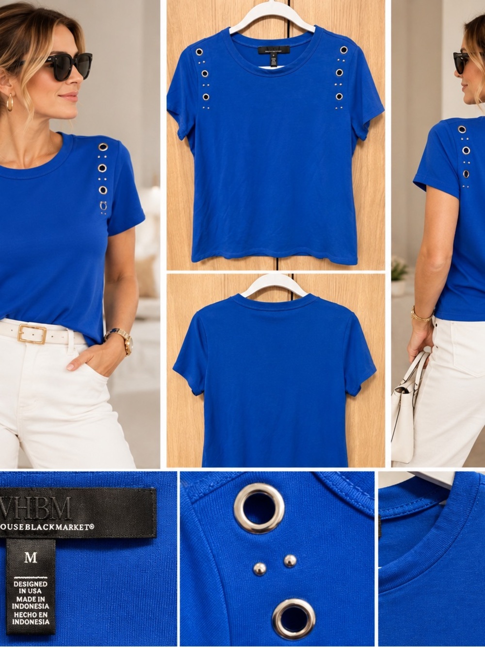WHBM Royal Blue Eyelet Short Sleeve Top